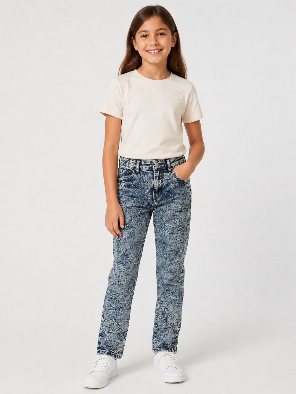 Girls' Acid-Effect Blue Straight Jeans